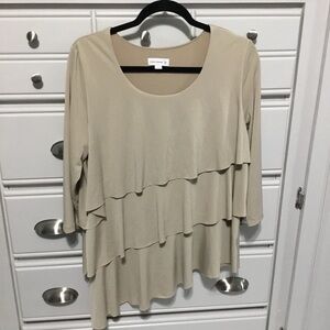Susan Graver Liquid Knit Asymmetric Hem Tiered Tunic in Latte Size M